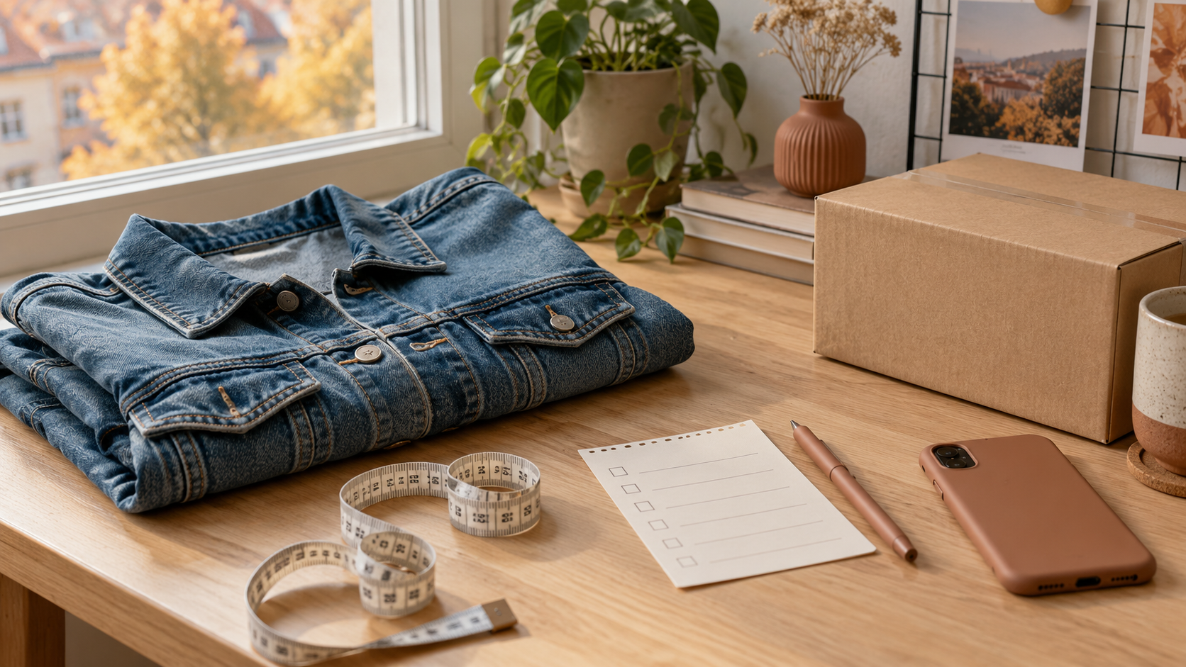Jachetă din denim, ruletă de croitorie, listă fără text și colet pe un birou luminos