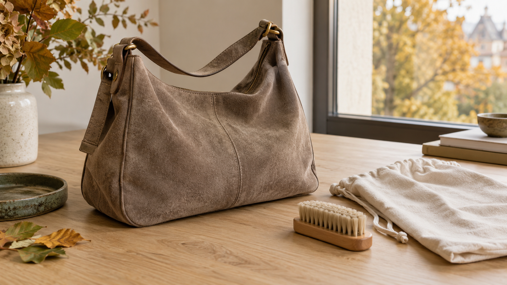 Geantă taupe din piele întoarsă pe o masă de lemn, cu perie moale și sac textil alături