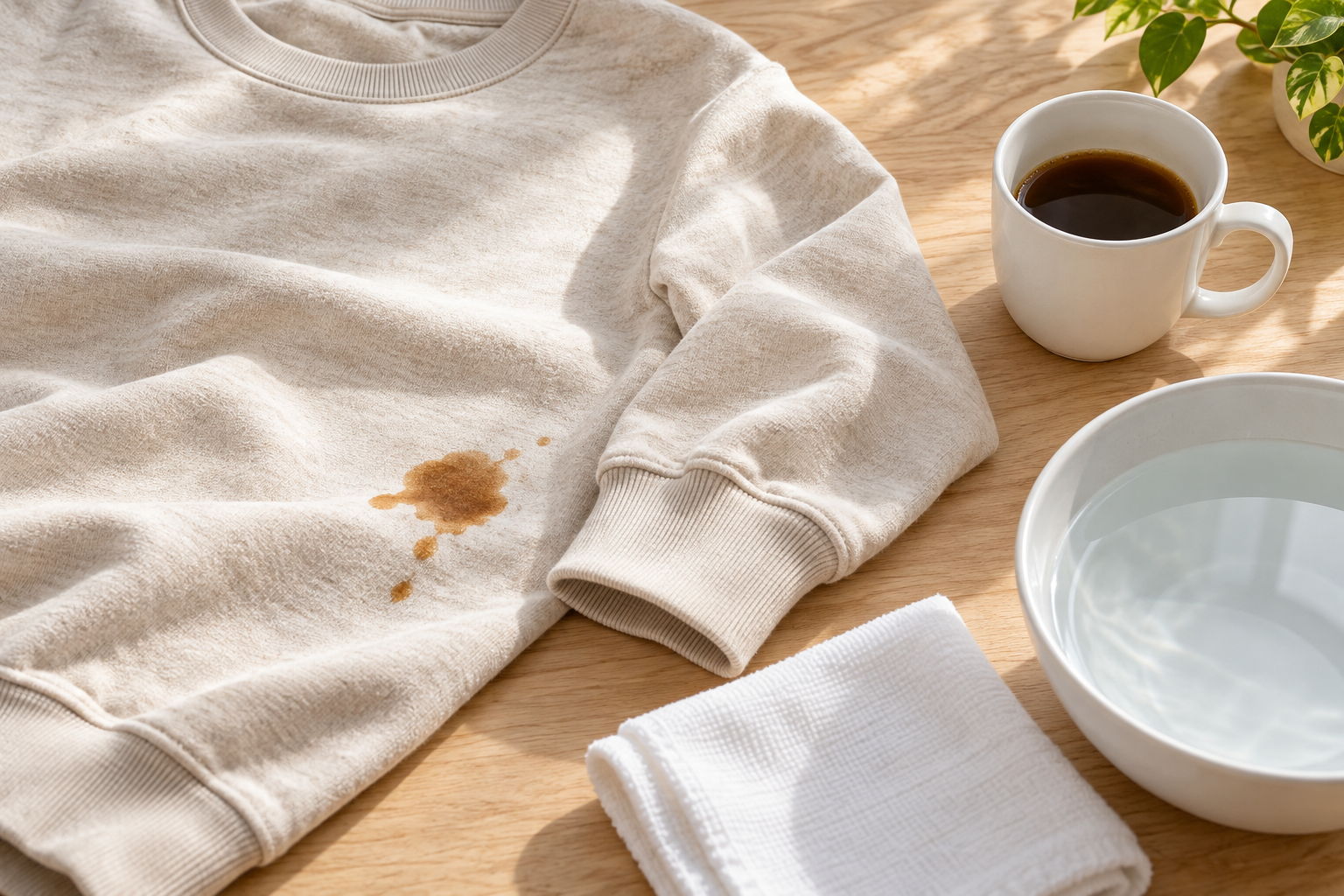 Hanorac crem cu o pată proaspătă de cafea, lângă o cană, un bol cu apă și o lavetă