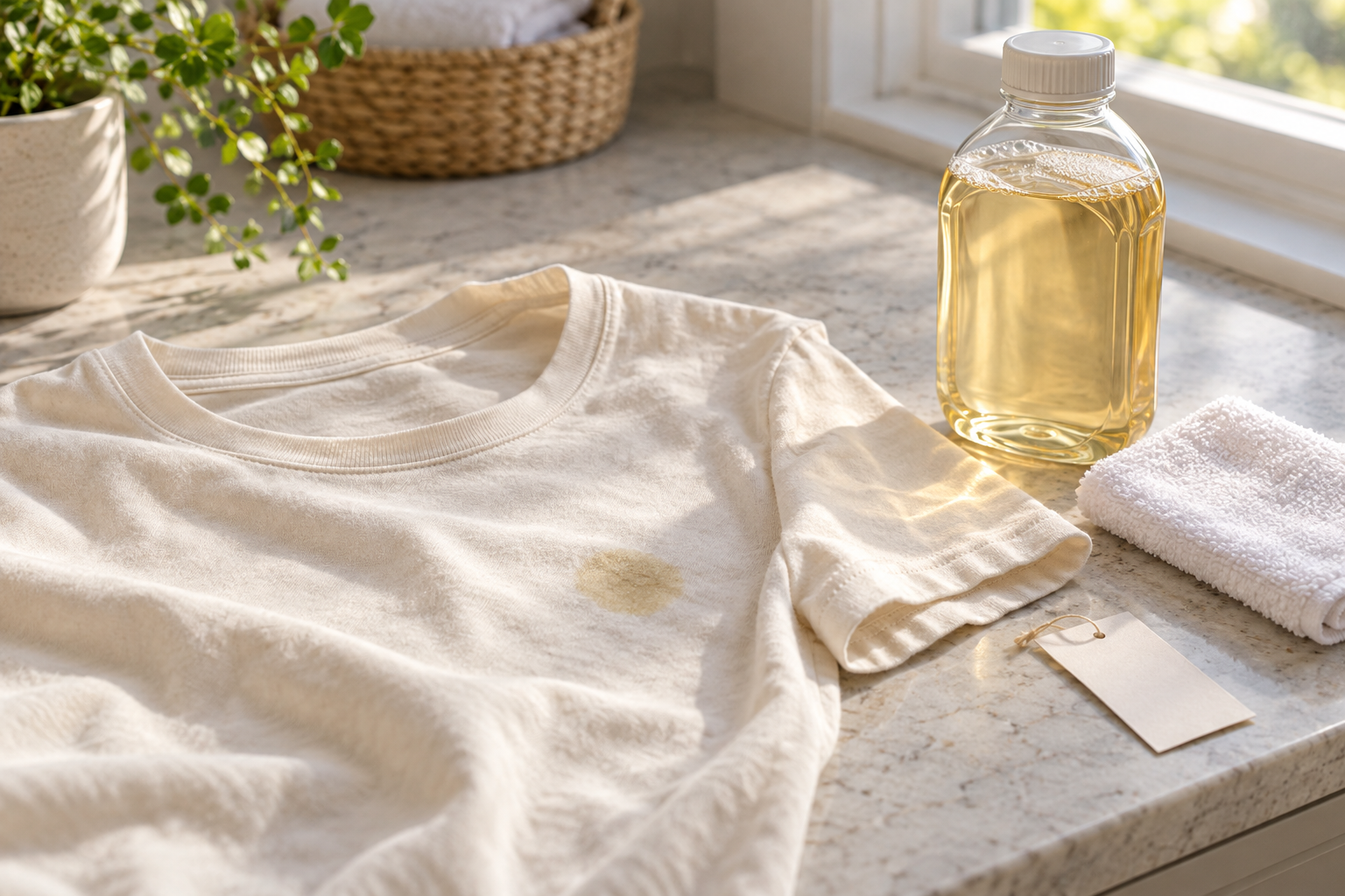 Tricou crem cu o pată mică de ulei, detergent lichid și prosop alb