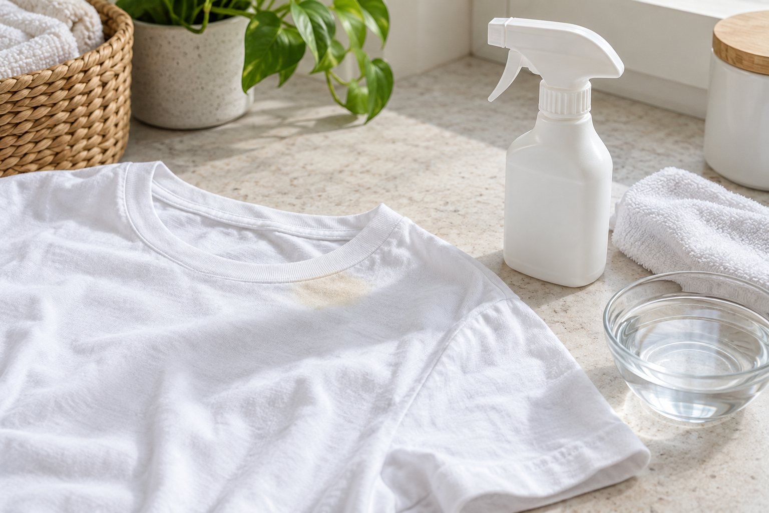 Tricou alb de bumbac cu o urmă discretă de cremă cu SPF, soluție de prespălare, cârpă și bol cu apă