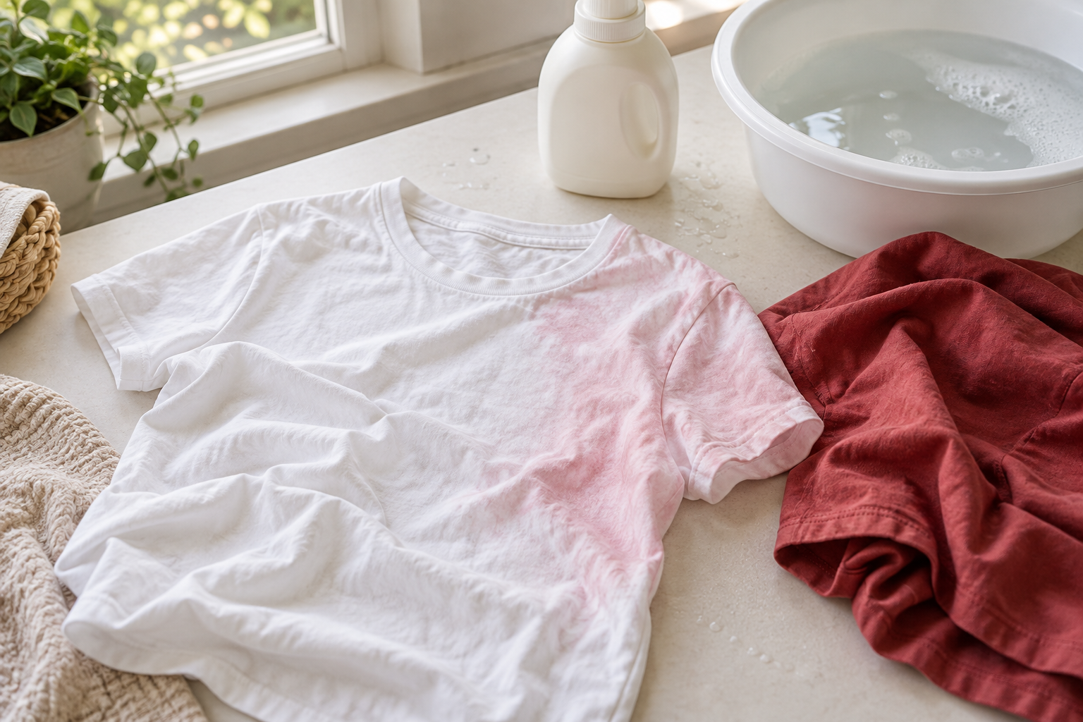 Tricou alb cu o zonă roz pal după transfer de culoare, lângă un articol roșu și un lighean