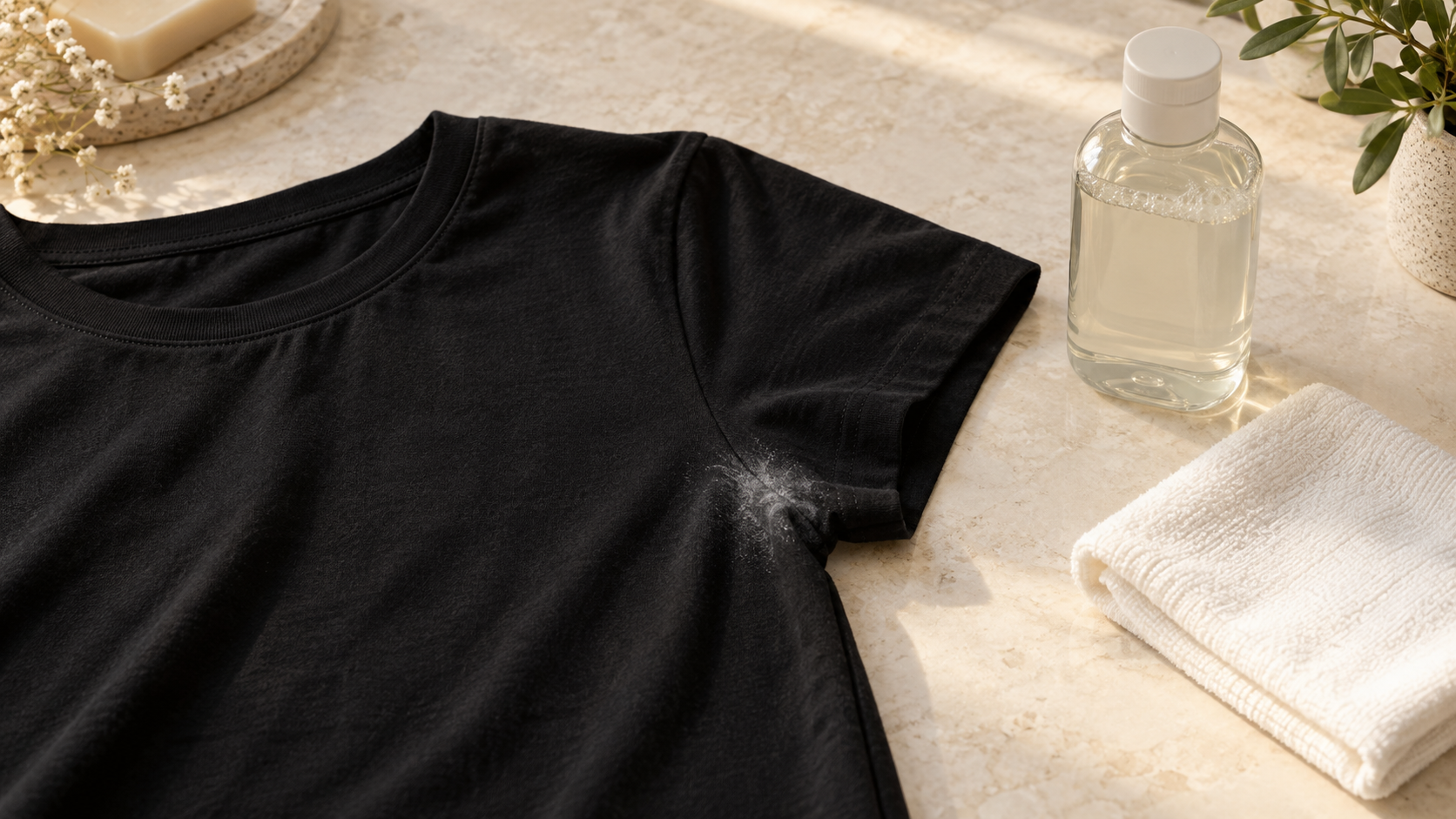 Tricou negru întins pe un prosop alb, detergent lichid și o cârpă moale lângă zona axilei