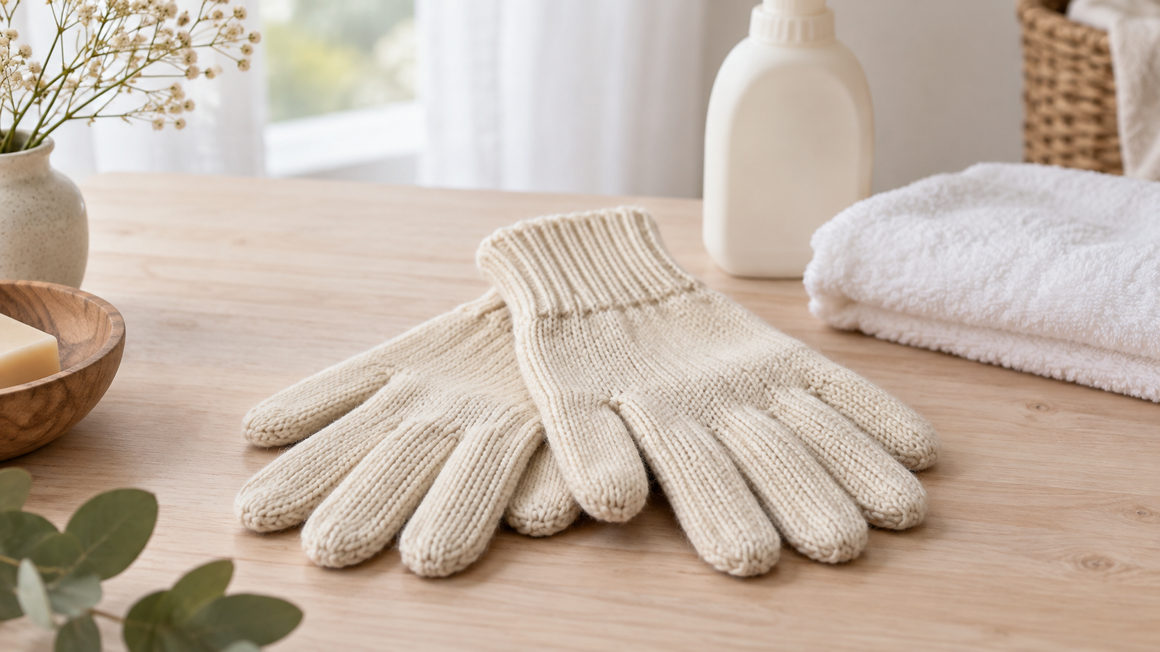 Două mănuși tricotate crem așezate pe o masă din lemn, lângă un prosop alb și un detergent fără etichetă