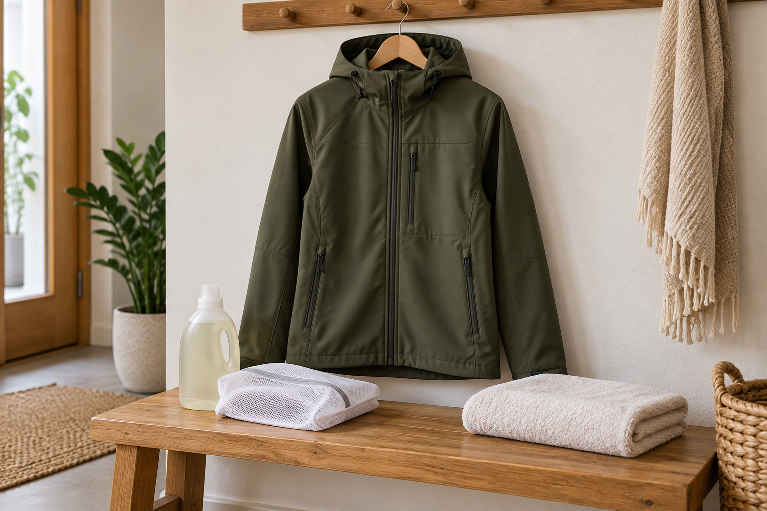 Geacă softshell verde-oliv pe umeraș, detergent lichid simplu, sac de spălare și prosop