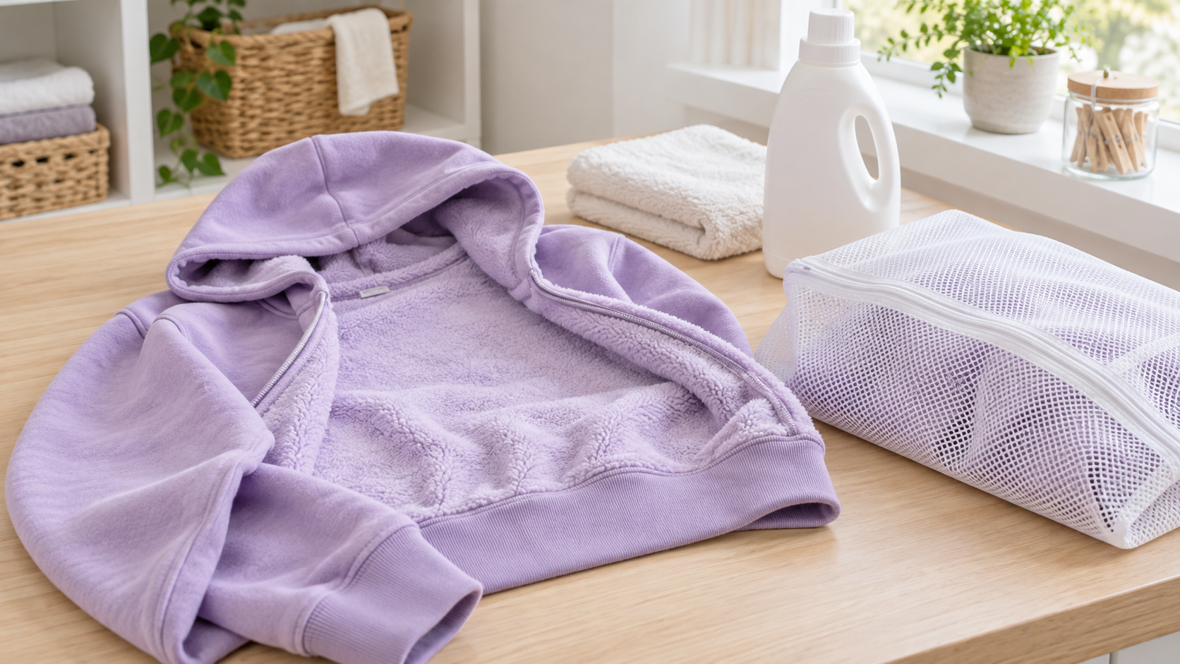 Hanorac fleece mov întors pe dos, lângă un săculeț de spălare, prosoape și detergent fără etichetă