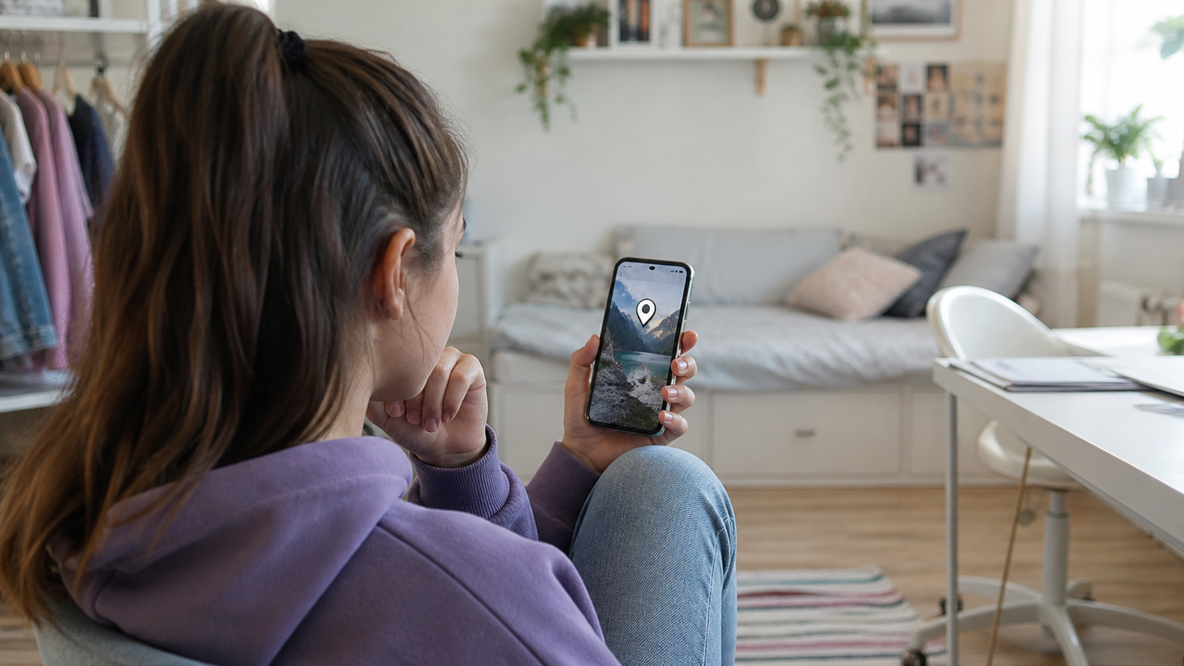 Adolescentă care verifică locația asociată unei fotografii înainte de postare