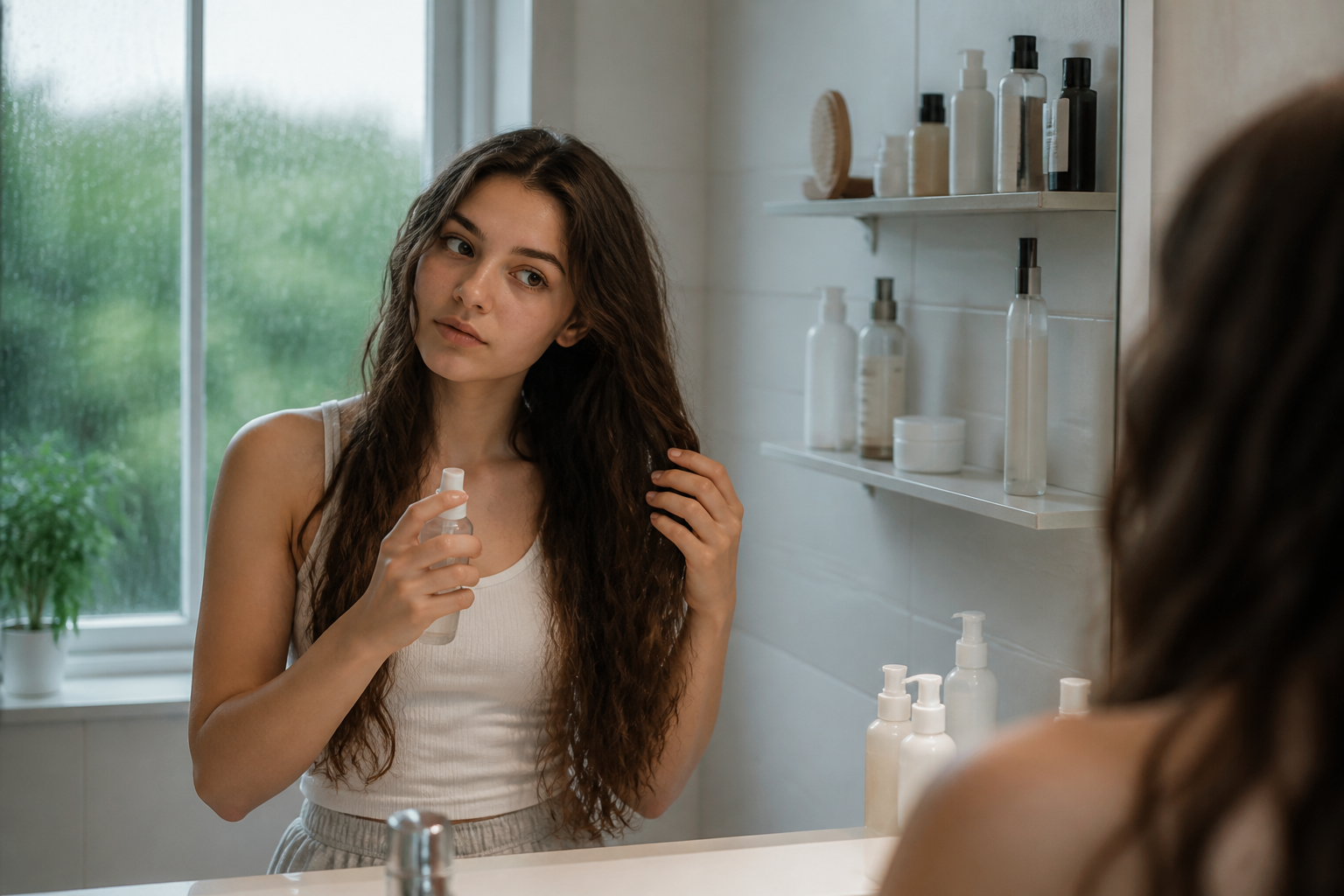 Fată aplicând ser anti-frizz în fața oglinzii, cu fereastră ploioasă în fundal